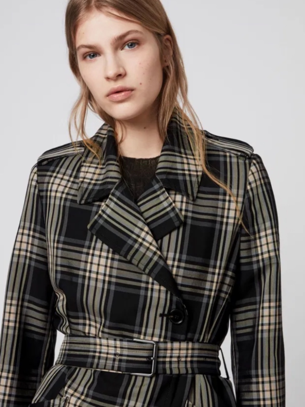 All Saints Chiara Plaid Black & Tan Trench Coat